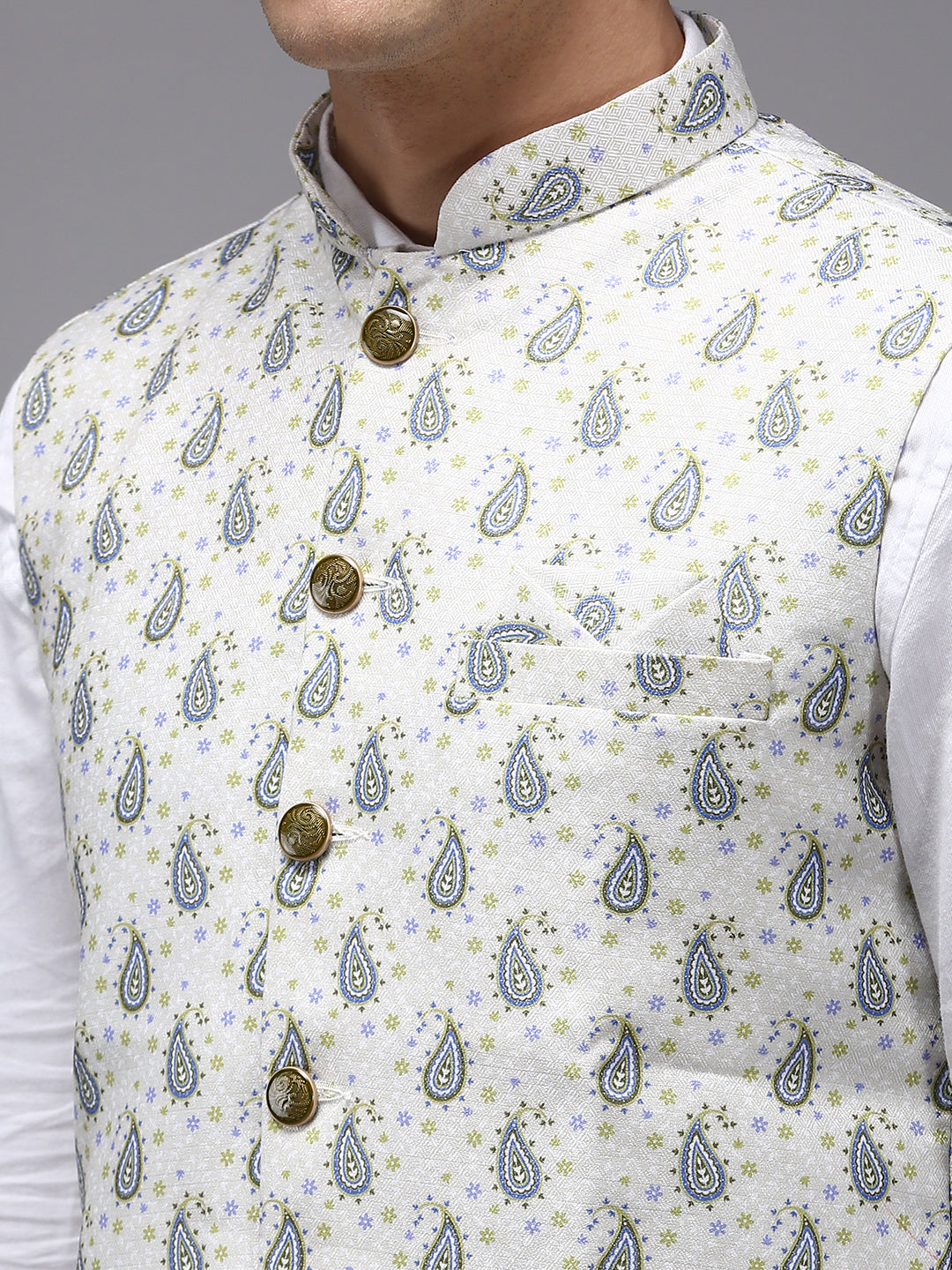 Men Mandarin Collar Printed Cream Nehru Jacket