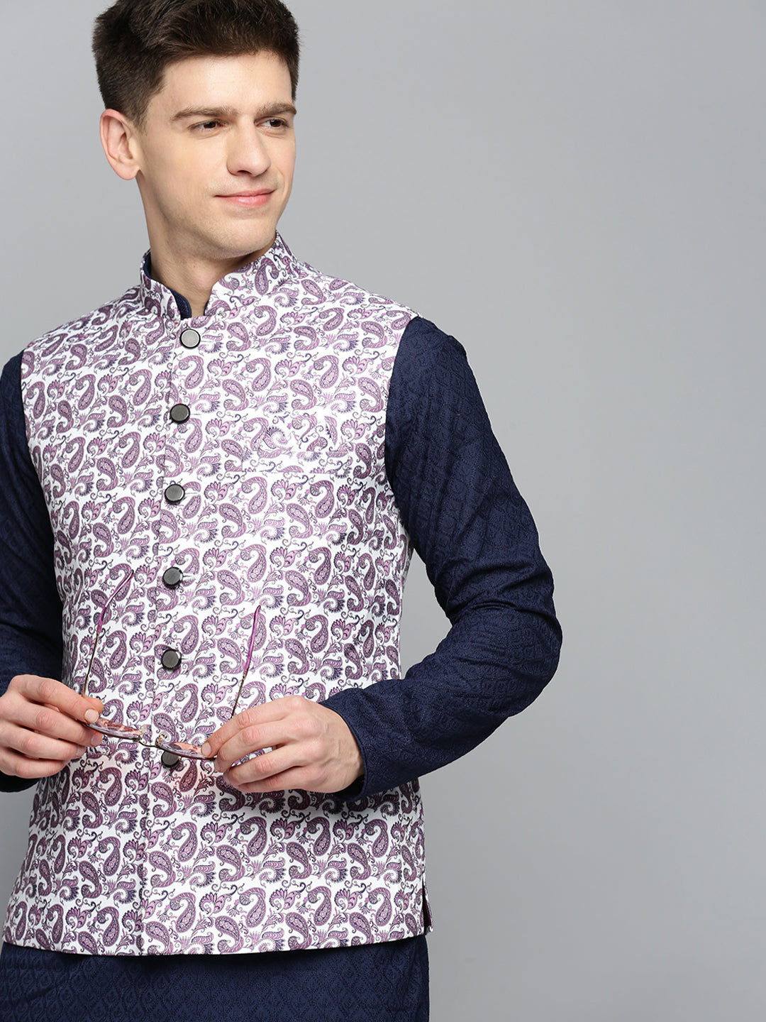 Men Mandarin Collar Printed White Nehru Jacket