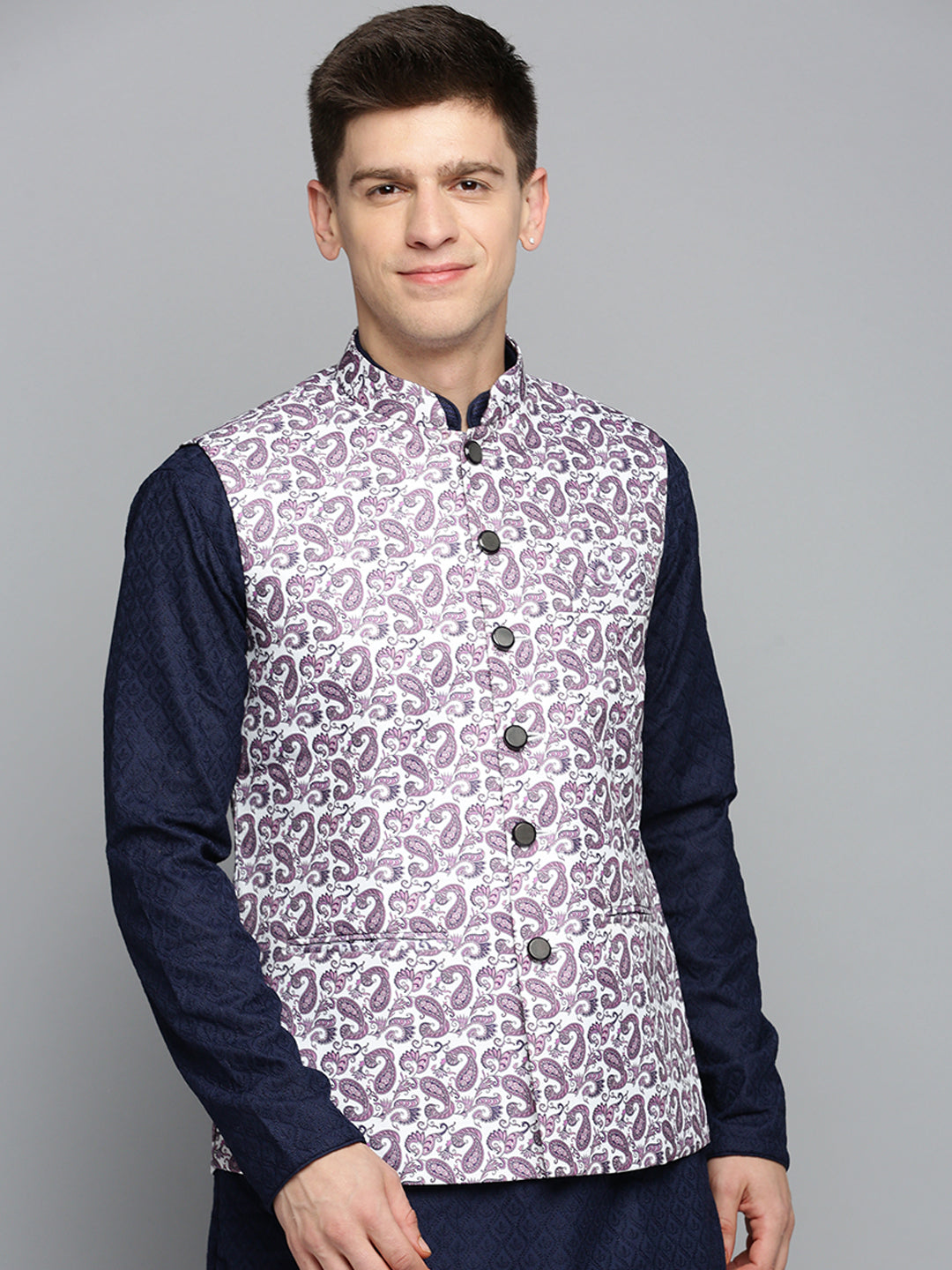 Men Mandarin Collar Printed White Nehru Jacket