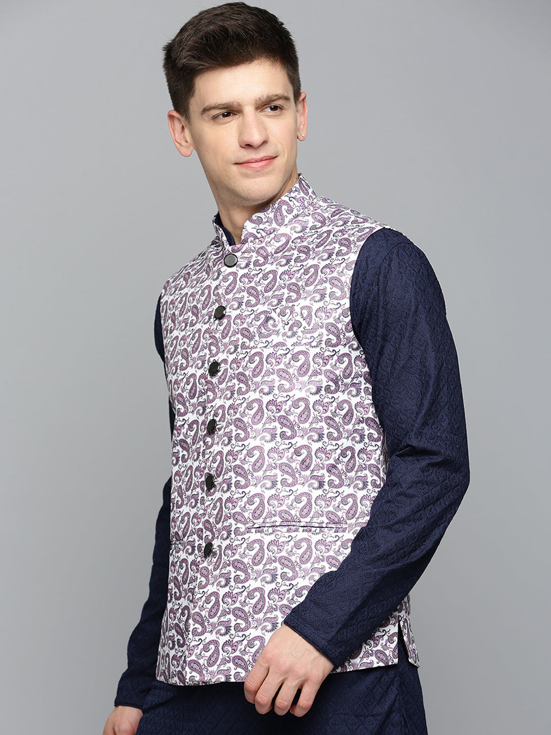 Men Mandarin Collar Printed White Nehru Jacket