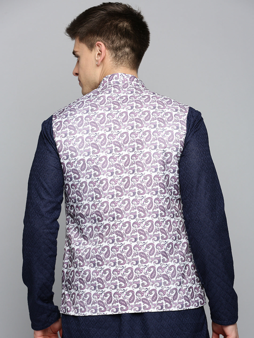 Men Mandarin Collar Printed White Nehru Jacket