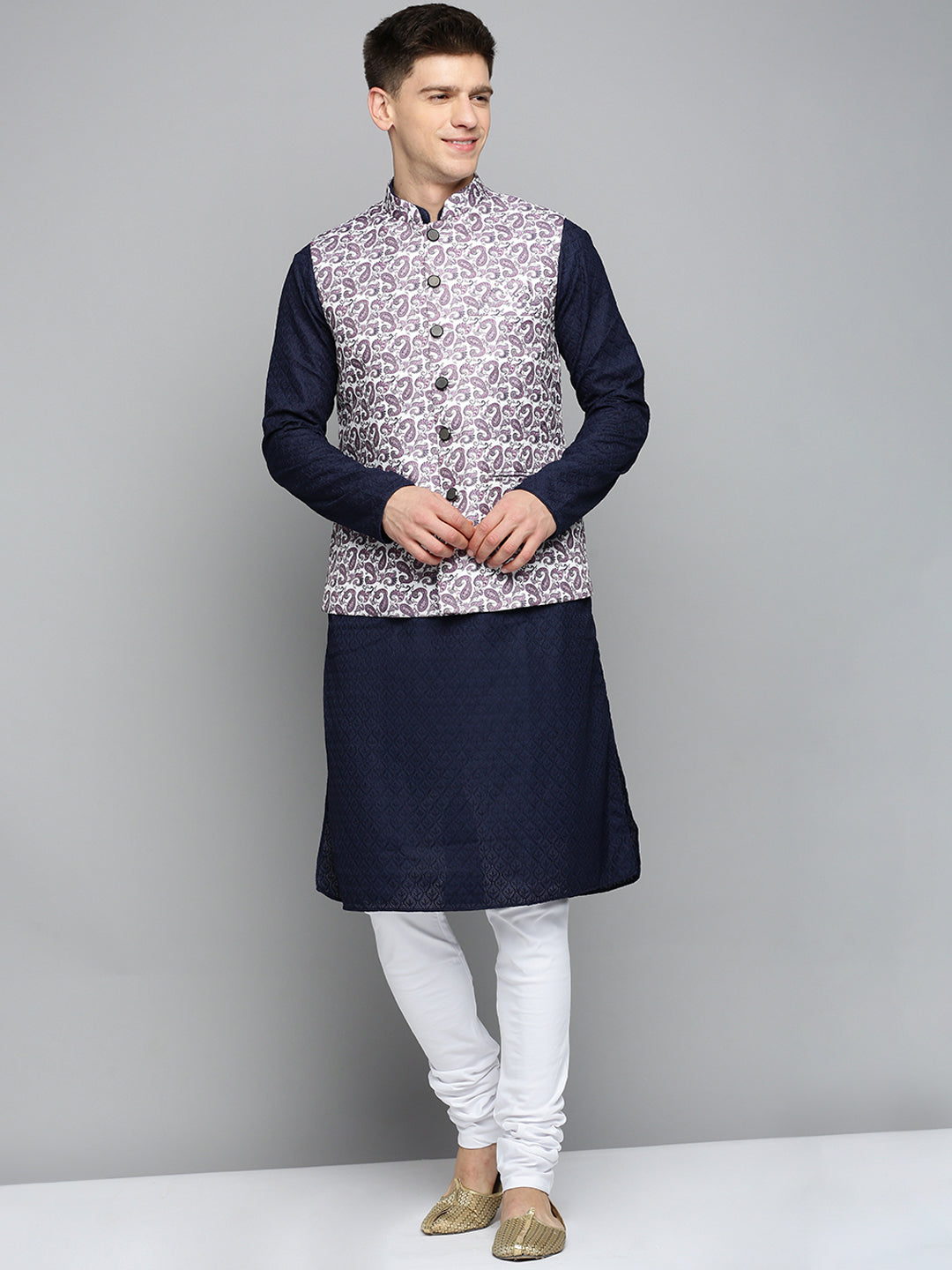 Men Mandarin Collar Printed White Nehru Jacket