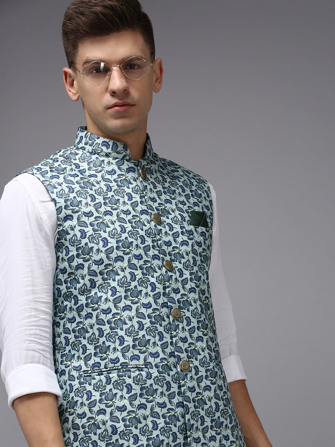 Men Mandarin Collar Printed Sea Green Nehru Jacket