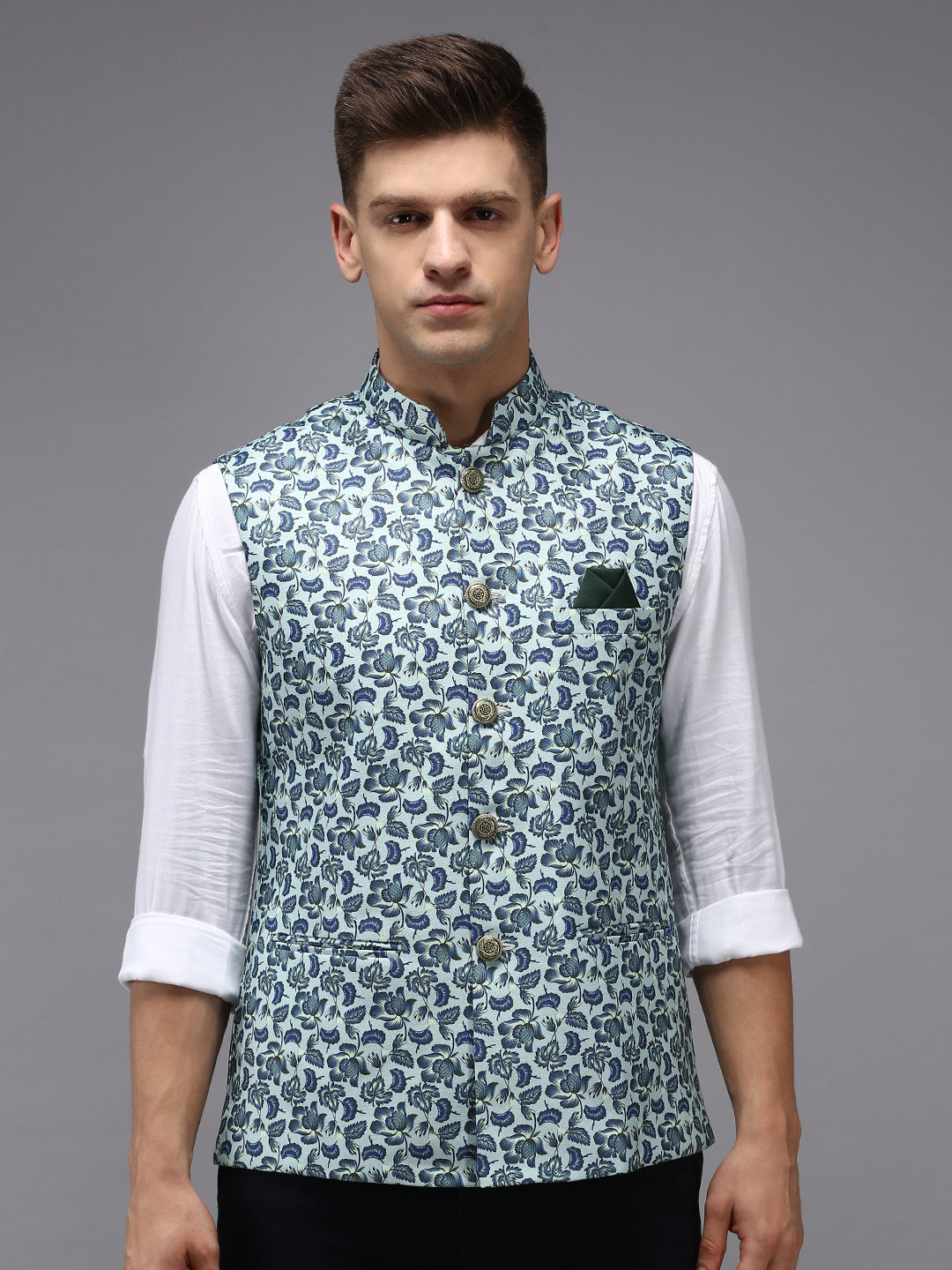 Men Mandarin Collar Printed Sea Green Nehru Jacket