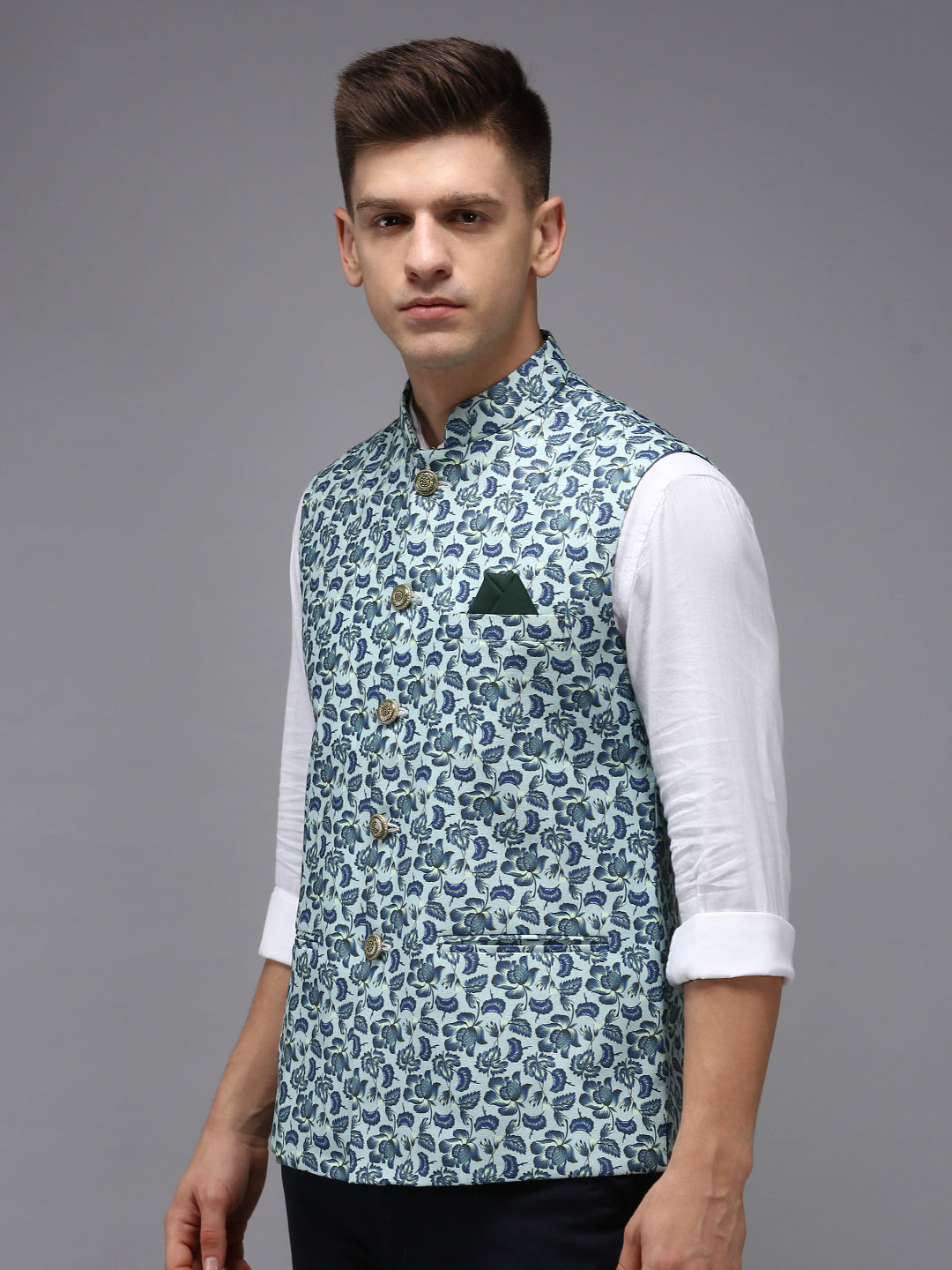 Men Mandarin Collar Printed Sea Green Nehru Jacket