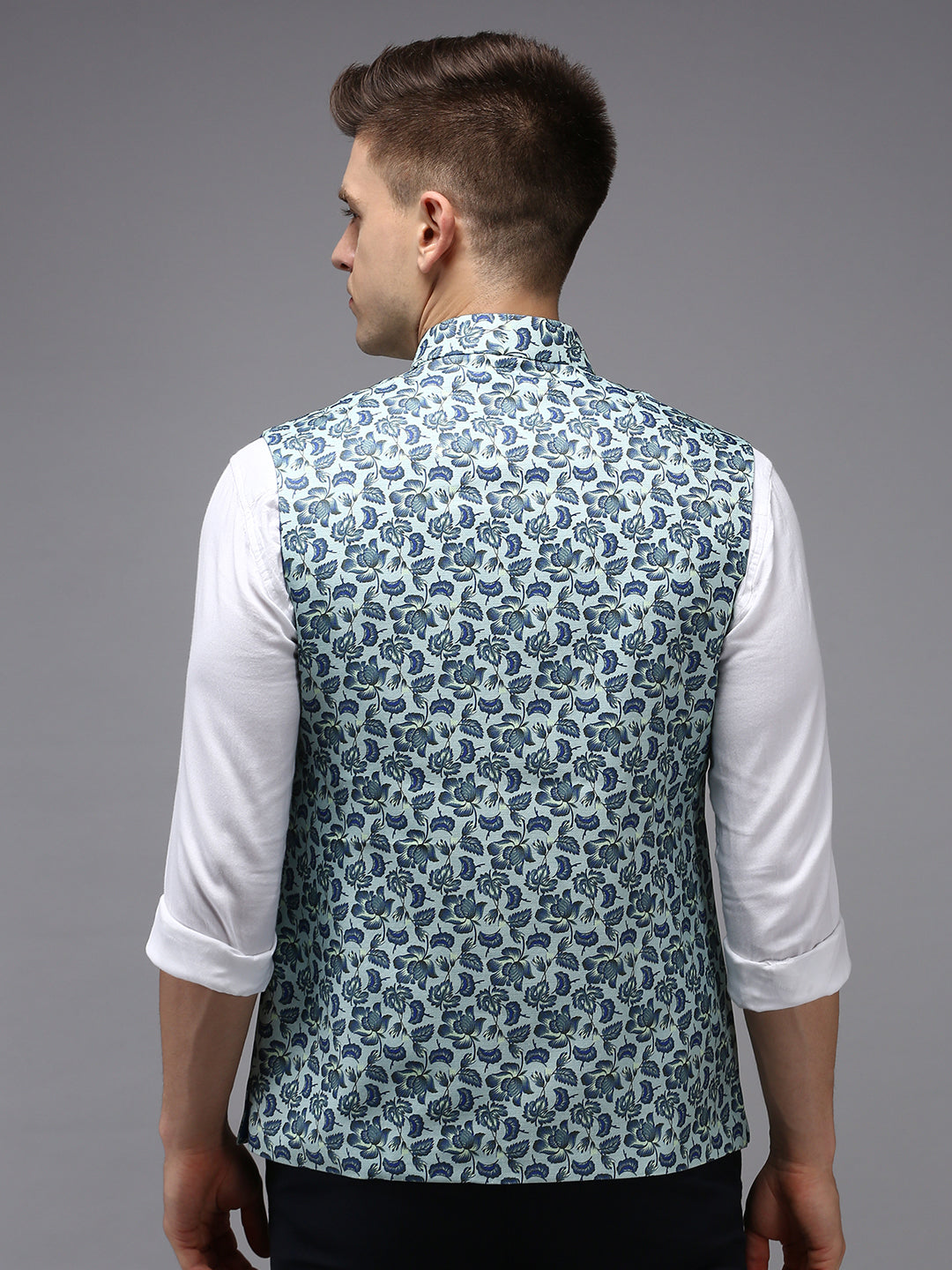 Men Mandarin Collar Printed Sea Green Nehru Jacket