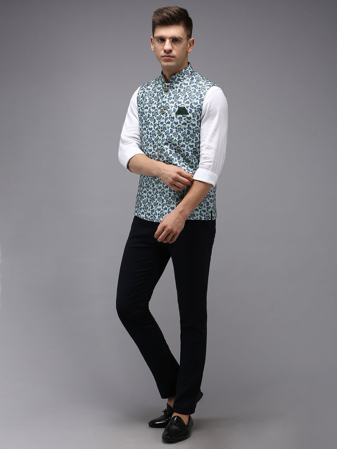 Men Mandarin Collar Printed Sea Green Nehru Jacket