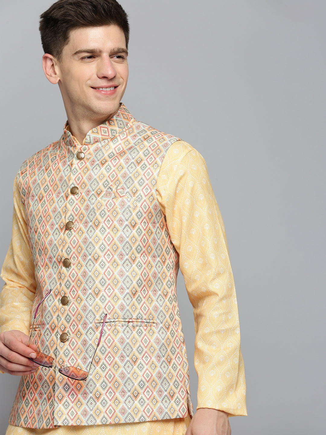 Men Mandarin Collar Printed Multi Nehru Jacket