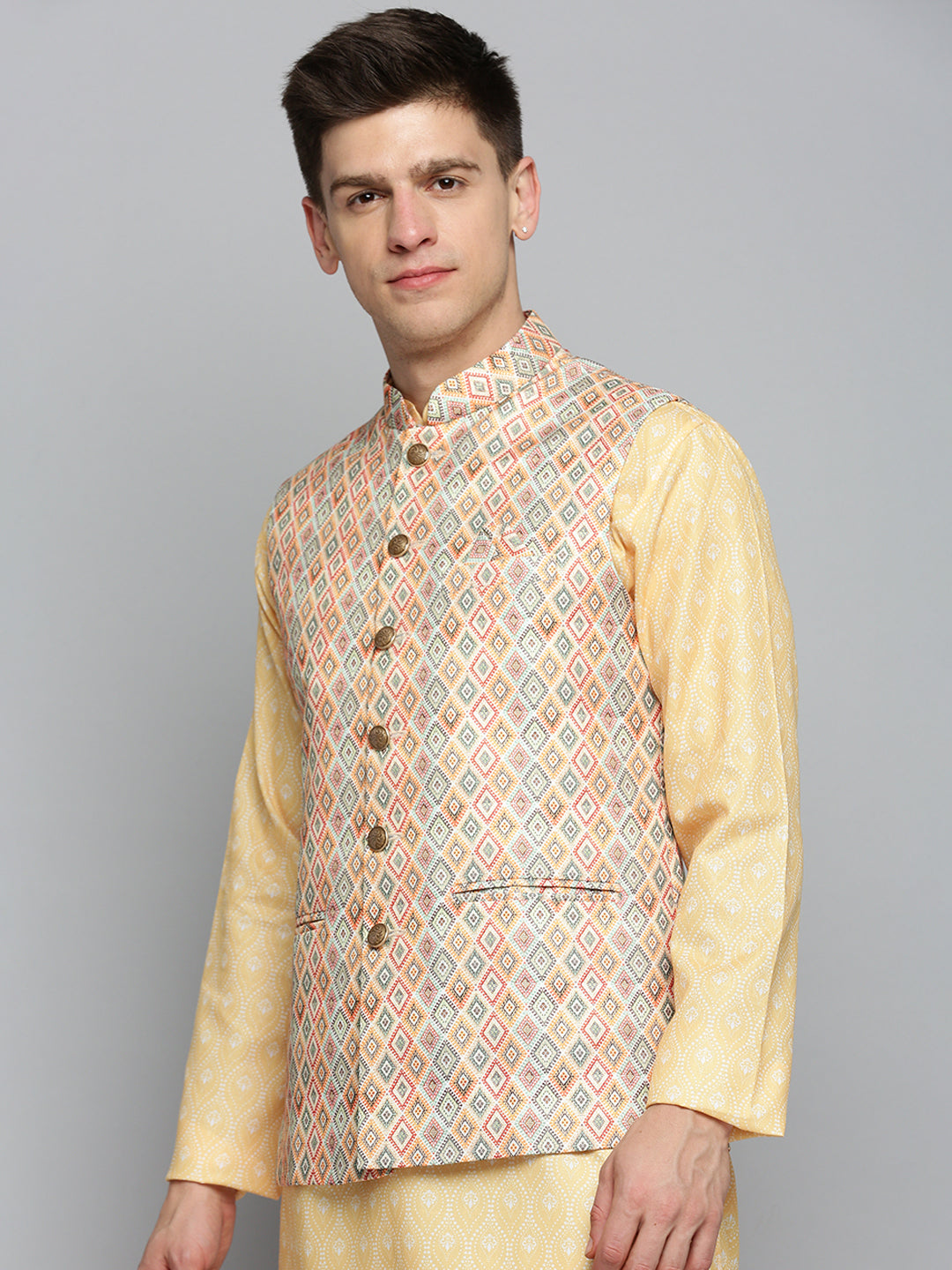 Men Mandarin Collar Printed Multi Nehru Jacket