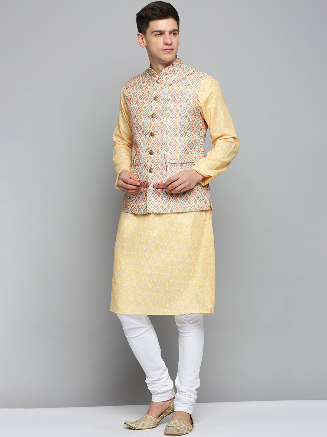 Men Mandarin Collar Printed Multi Nehru Jacket