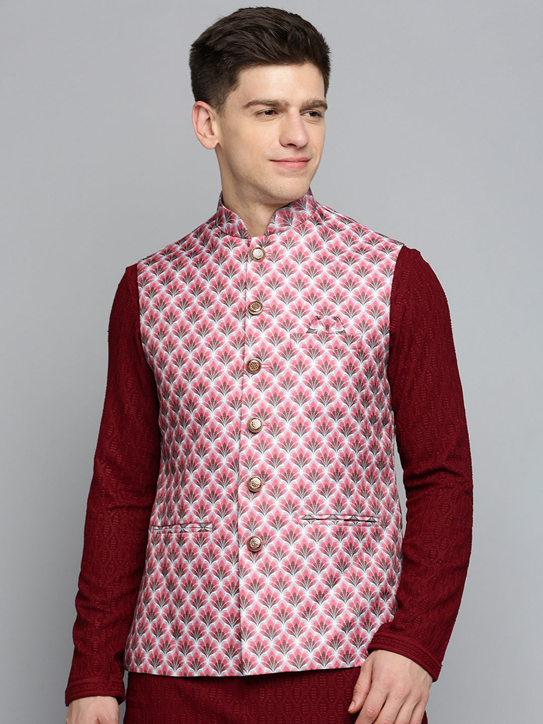 Men Mandarin Collar Printed Magenta Nehru Jacket