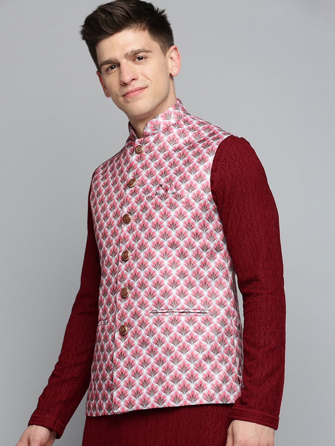 Men Mandarin Collar Printed Magenta Nehru Jacket