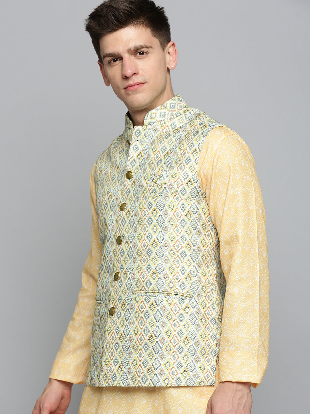 Men Mandarin Collar Printed Lime Green Nehru Jacket