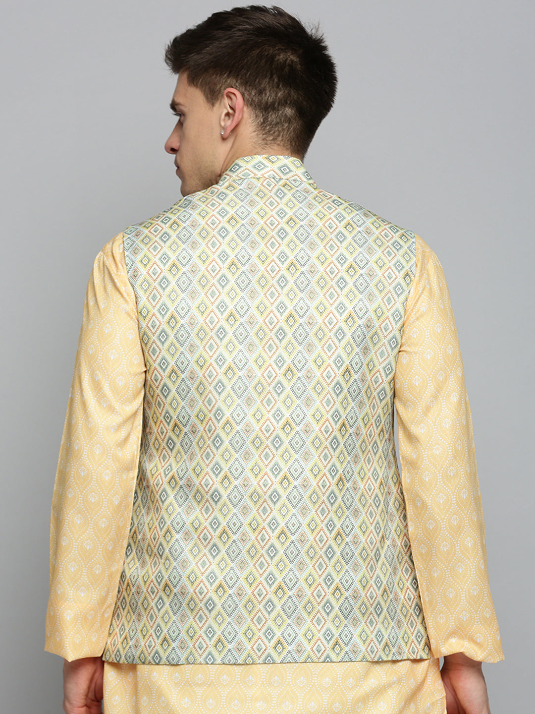 Men Mandarin Collar Printed Lime Green Nehru Jacket