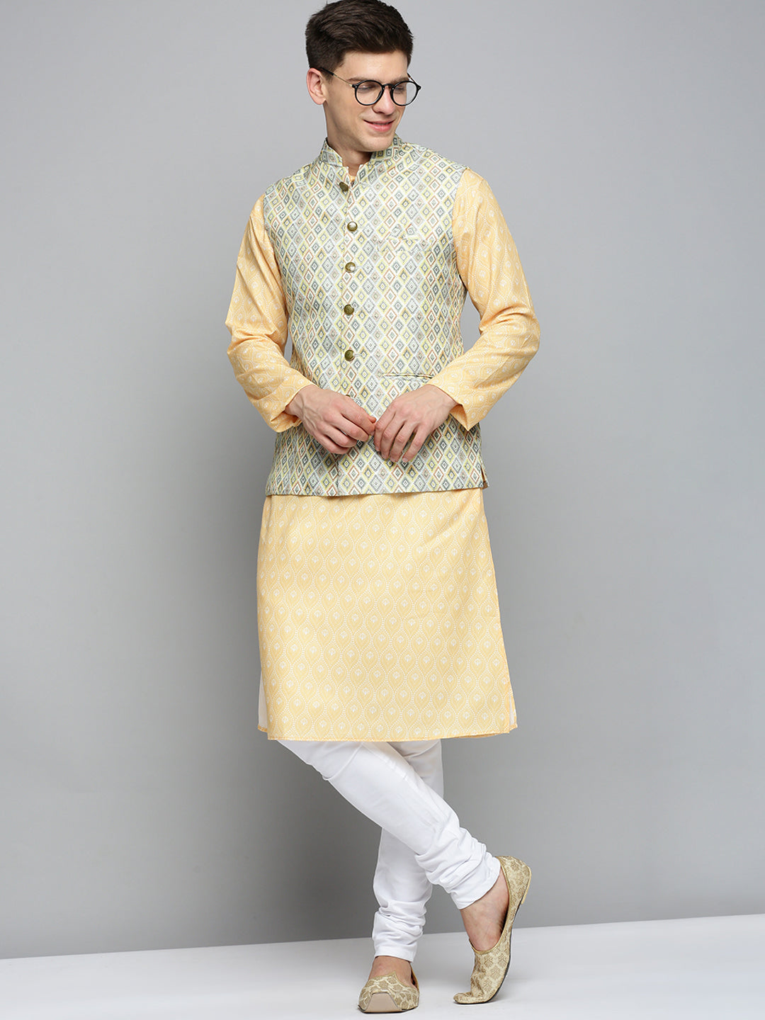 Men Mandarin Collar Printed Lime Green Nehru Jacket