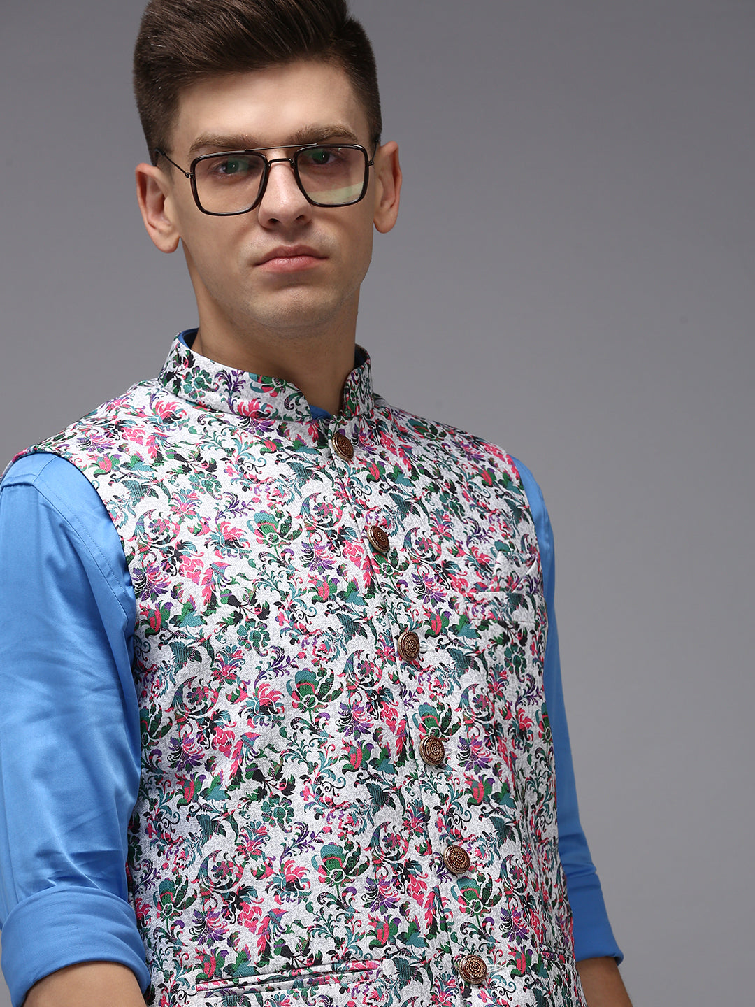 Men Mandarin Collar Printed White Nehru Jacket