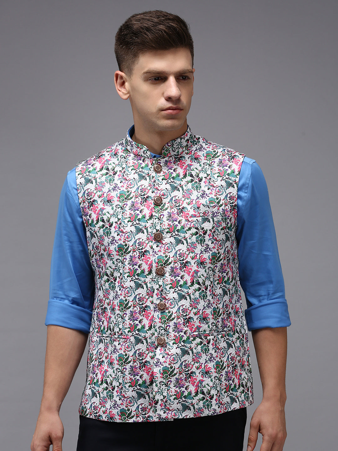 Men Mandarin Collar Printed White Nehru Jacket