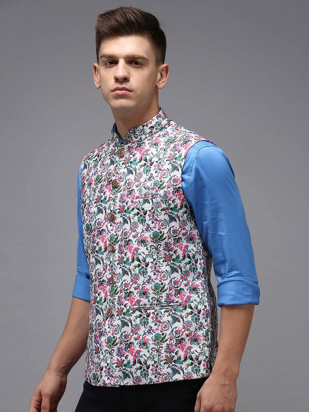 Men Mandarin Collar Printed White Nehru Jacket