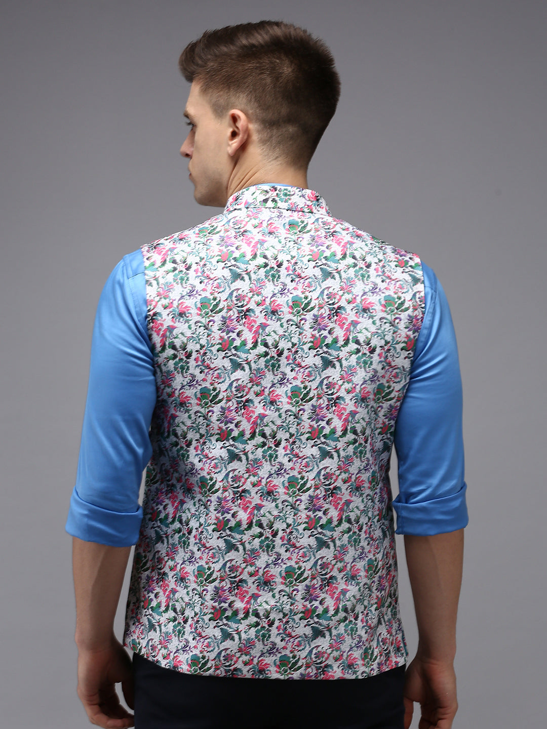 Men Mandarin Collar Printed White Nehru Jacket