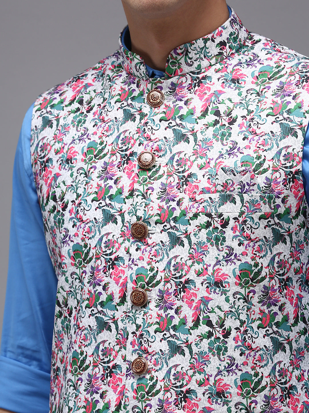 Men Mandarin Collar Printed White Nehru Jacket