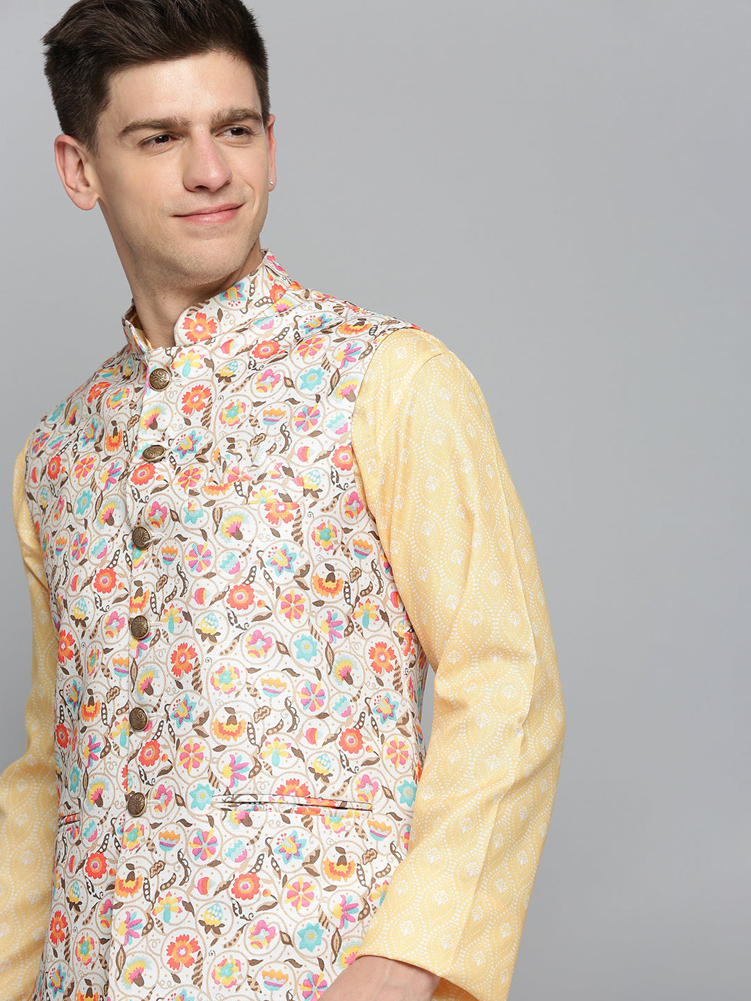 Men's Mandarin Collar Floral Printed Cream Nehru Jacket