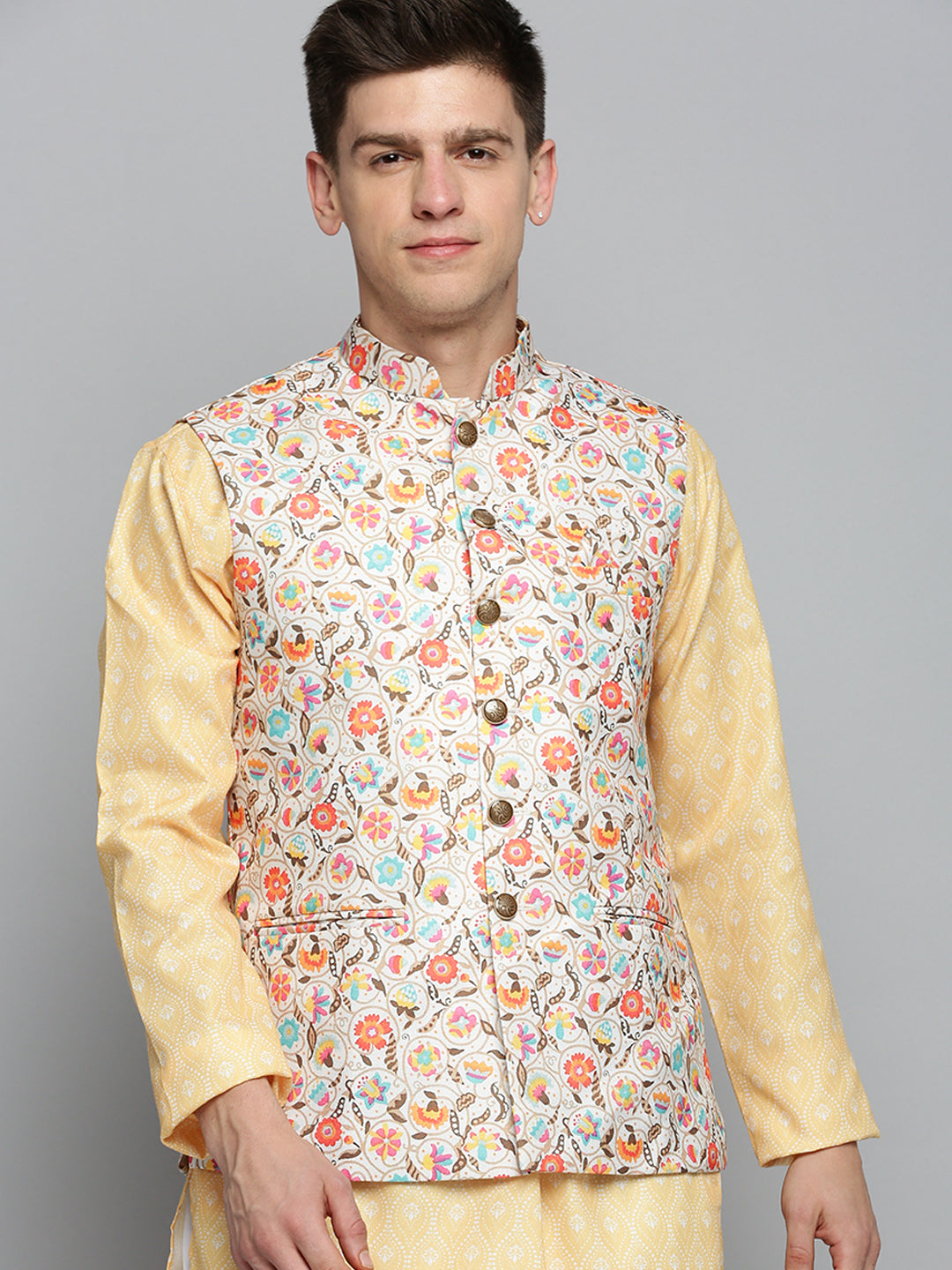 Men's Mandarin Collar Floral Printed Cream Nehru Jacket