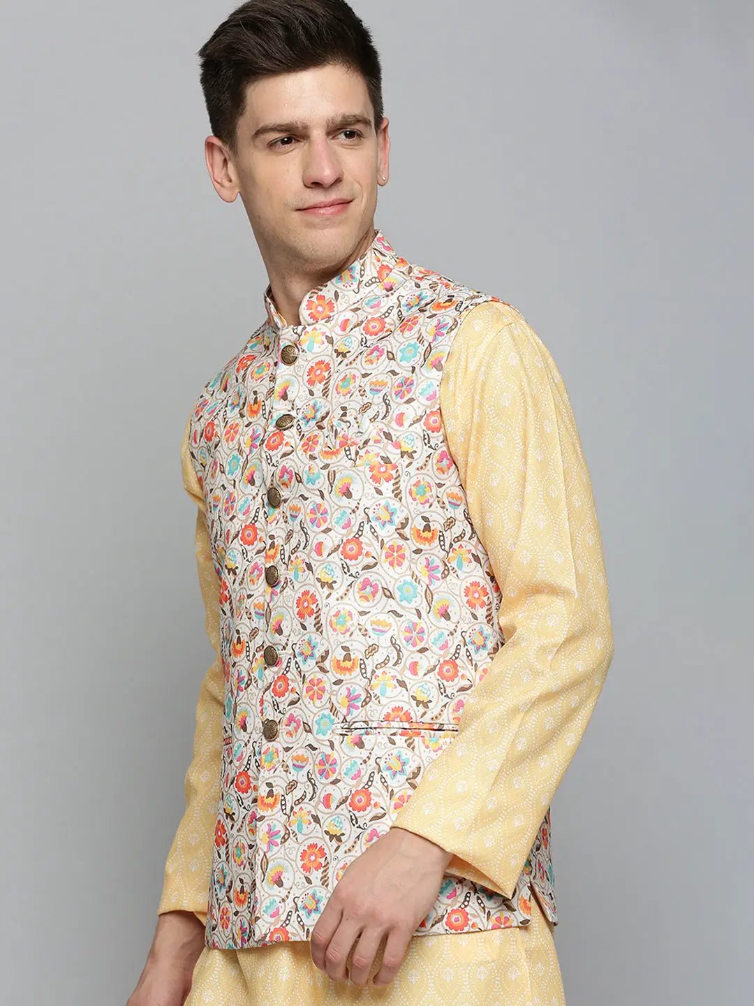 Men's Mandarin Collar Floral Printed Cream Nehru Jacket - from SHOWOFFFF