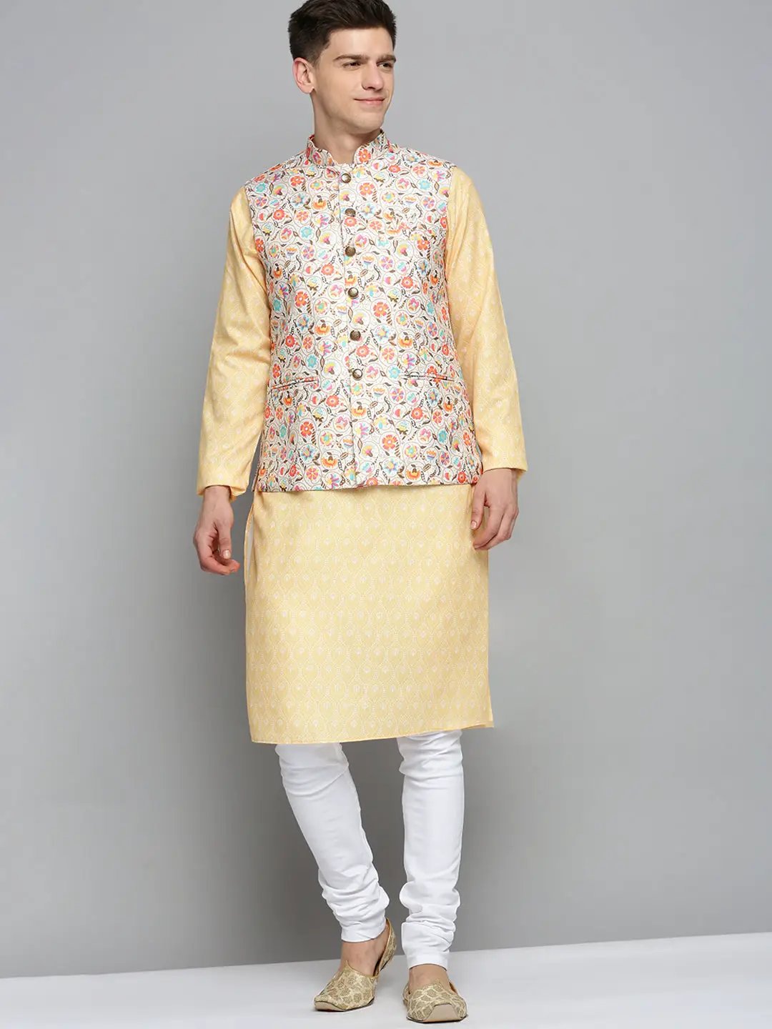 Men's Mandarin Collar Floral Printed Cream Nehru Jacket - from SHOWOFFFF