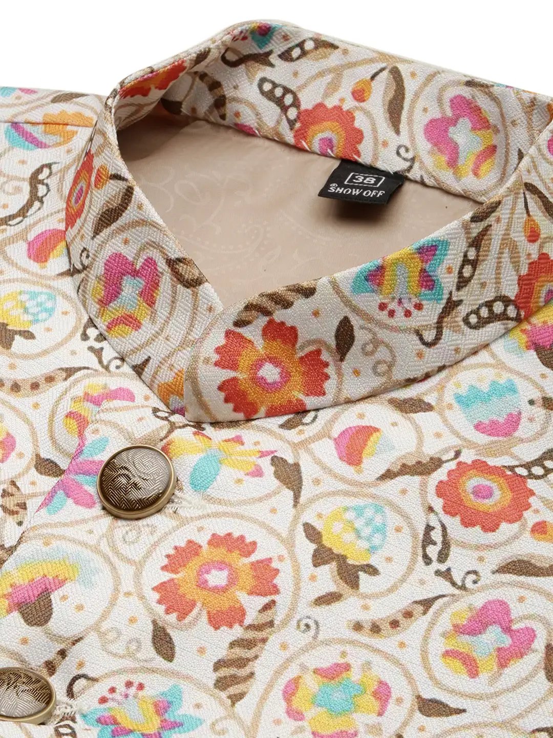 Men's Mandarin Collar Floral Printed Cream Nehru Jacket - from SHOWOFFFF