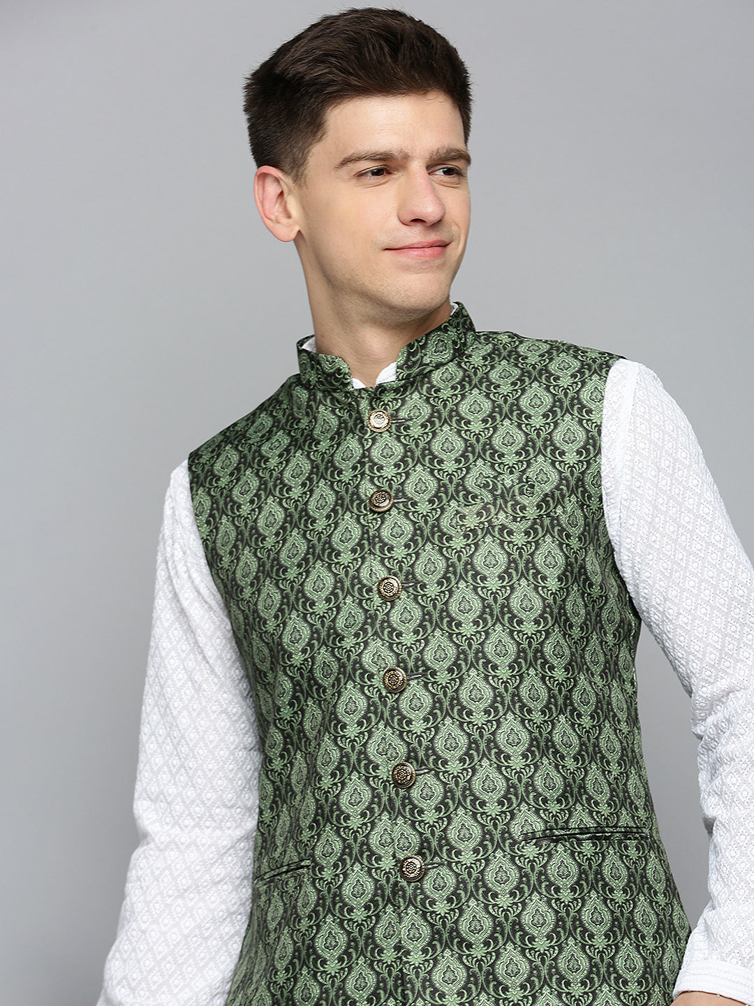 Men Mandarin Collar Printed Green Nehru Jacket