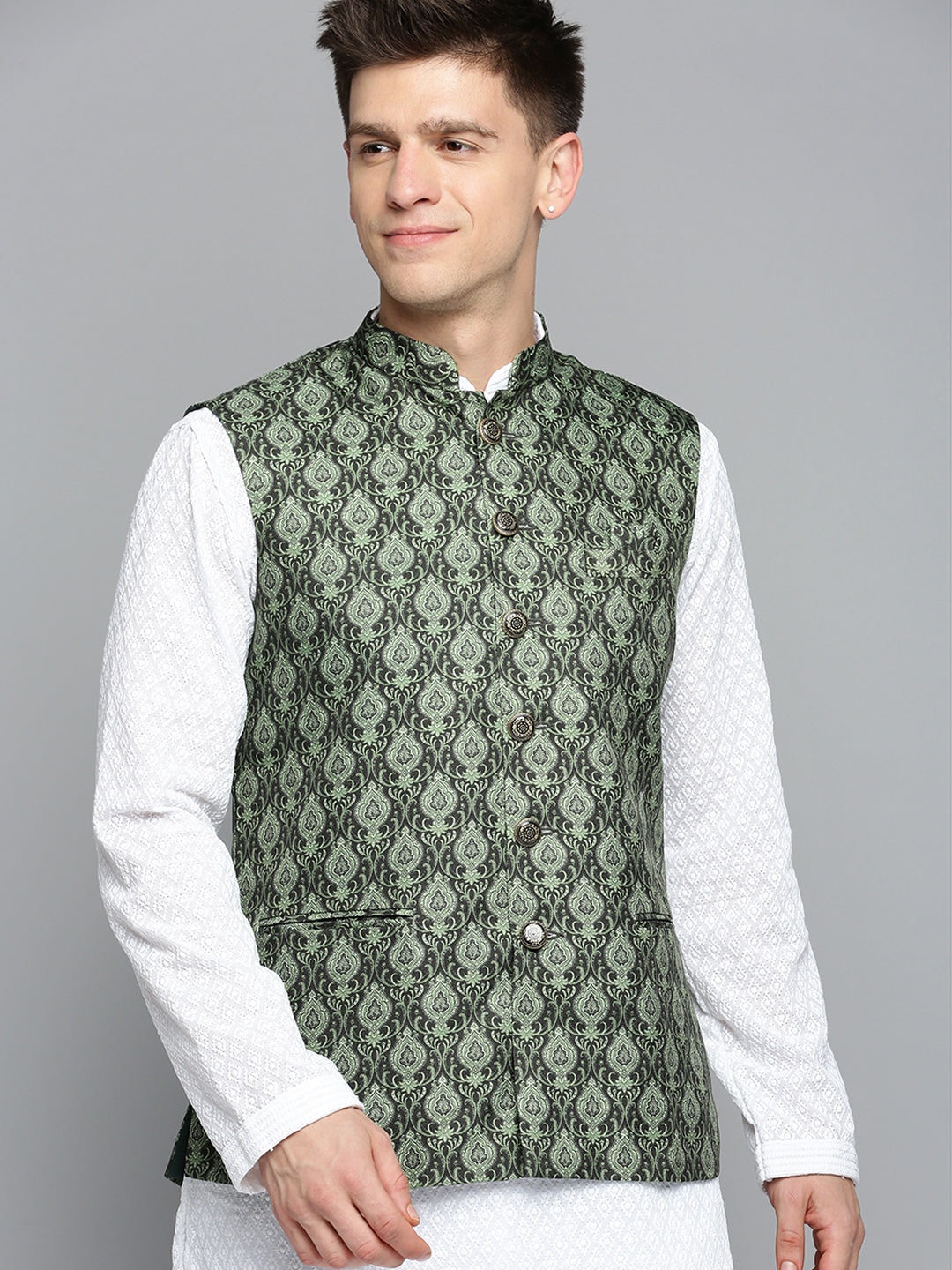 Men Mandarin Collar Printed Green Nehru Jacket