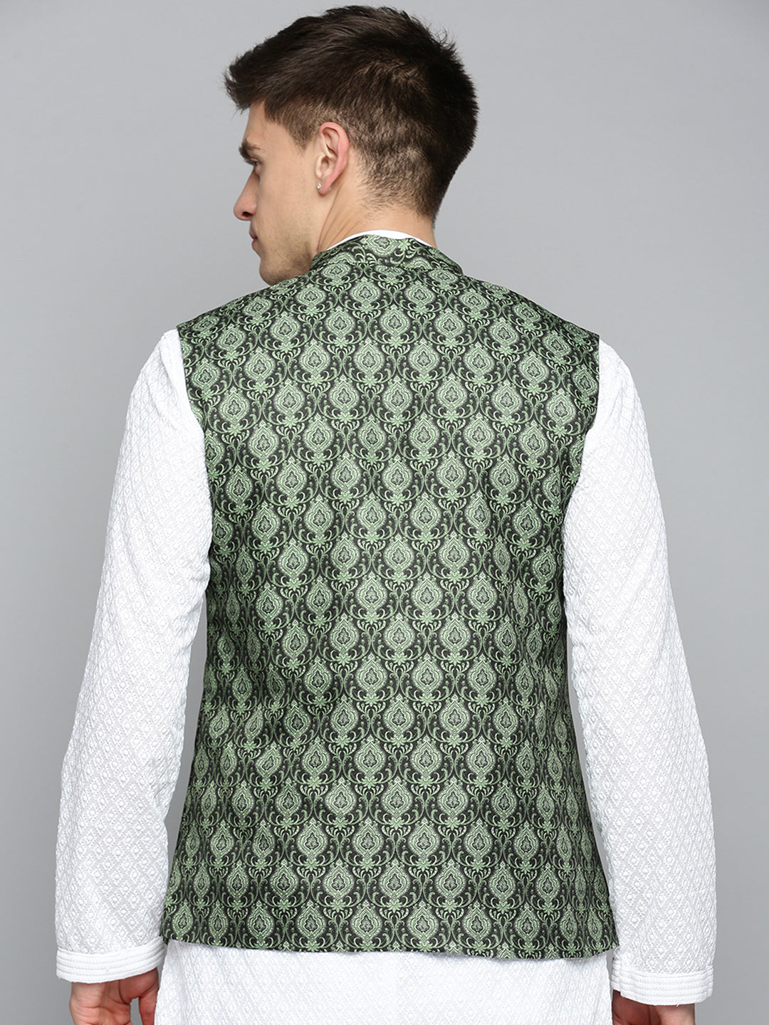 Men Mandarin Collar Printed Green Nehru Jacket