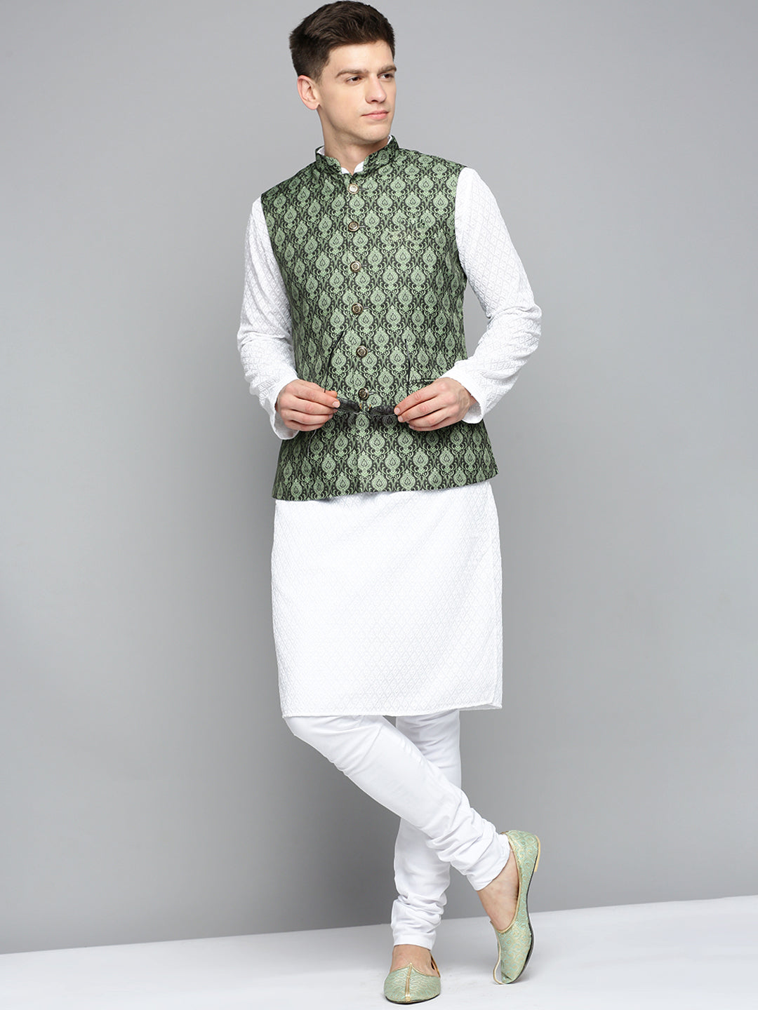 Men Mandarin Collar Printed Green Nehru Jacket