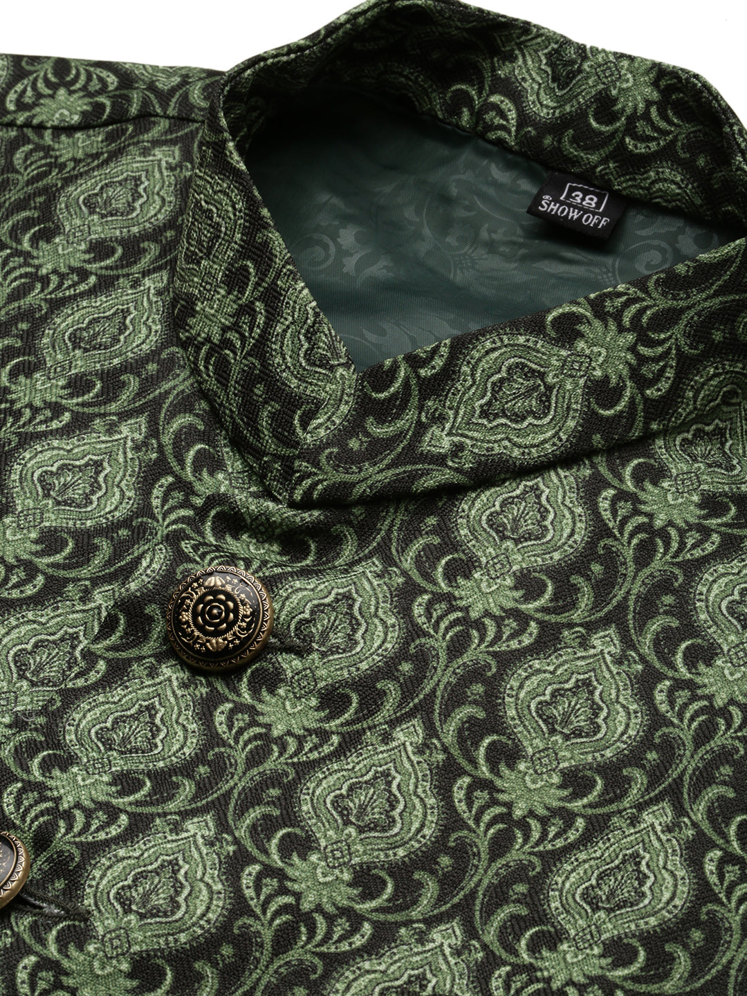 Men Mandarin Collar Printed Green Nehru Jacket