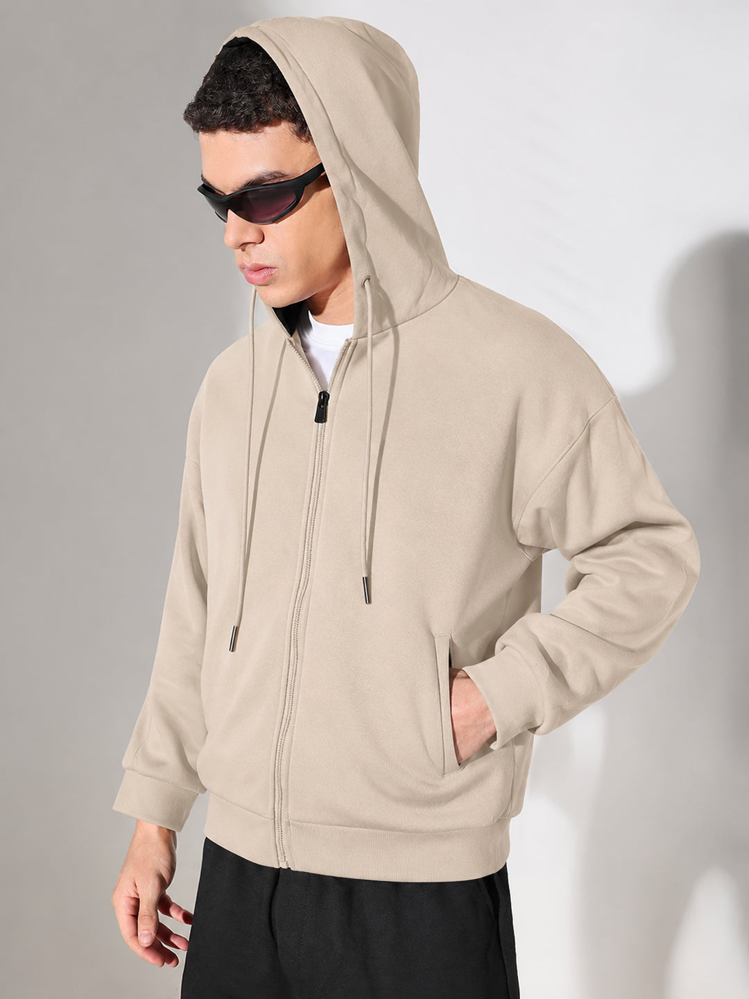 Men’s Beige 360 GSM Hooded Zip-Up Sweatshirt with Drawstring and Pockets