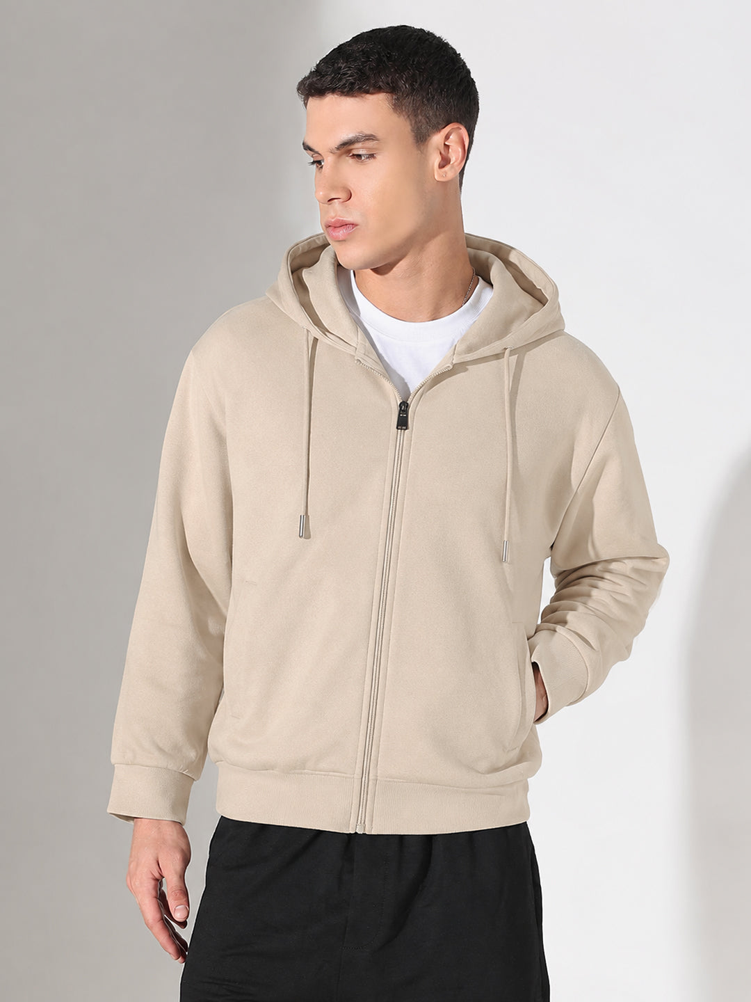 Men’s Beige 360 GSM Hooded Zip-Up Sweatshirt with Drawstring and Pockets