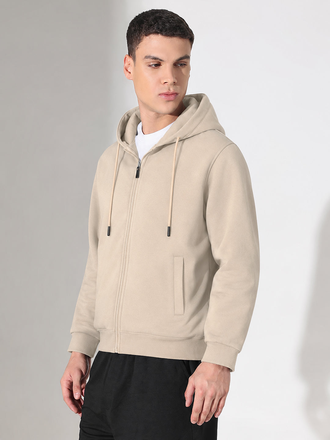 Men’s Beige 360 GSM Hooded Zip-Up Sweatshirt with Drawstring and Pockets