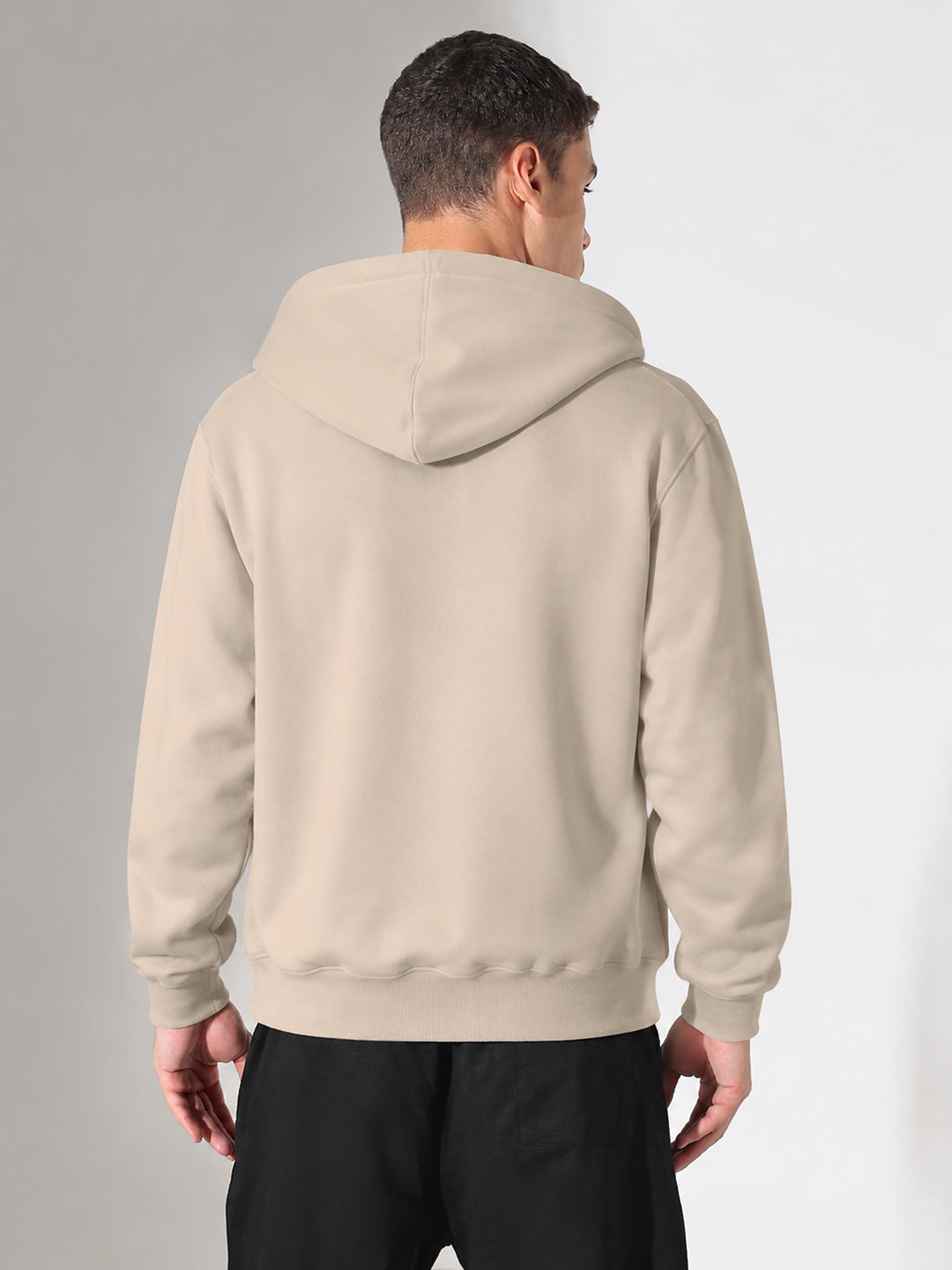 Men’s Beige 360 GSM Hooded Zip-Up Sweatshirt with Drawstring and Pockets
