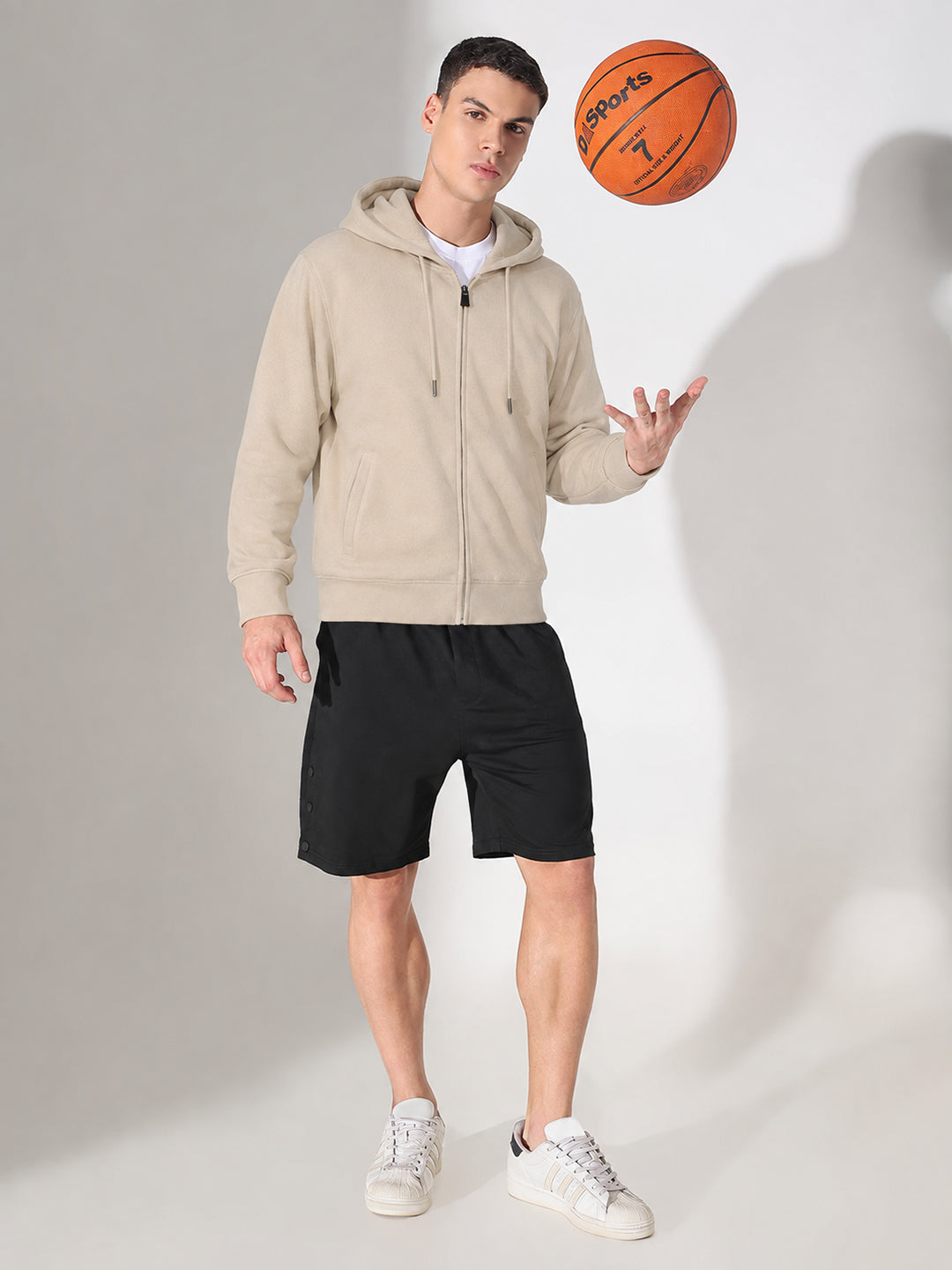 Men’s Beige 360 GSM Hooded Zip-Up Sweatshirt with Drawstring and Pockets
