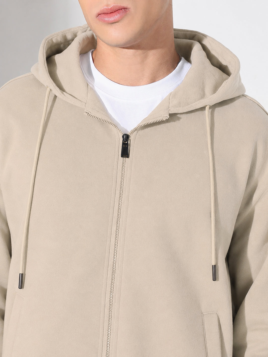 Men’s Beige 360 GSM Hooded Zip-Up Sweatshirt with Drawstring and Pockets