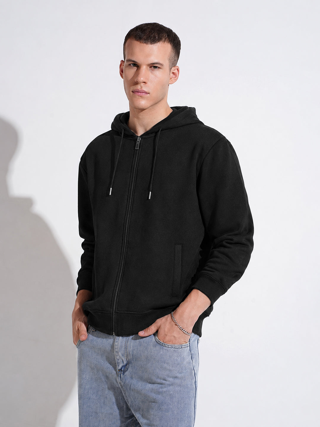 Men’s Black 360 GSM Hooded Zip-Up Sweatshirt with Drawstring and Pockets