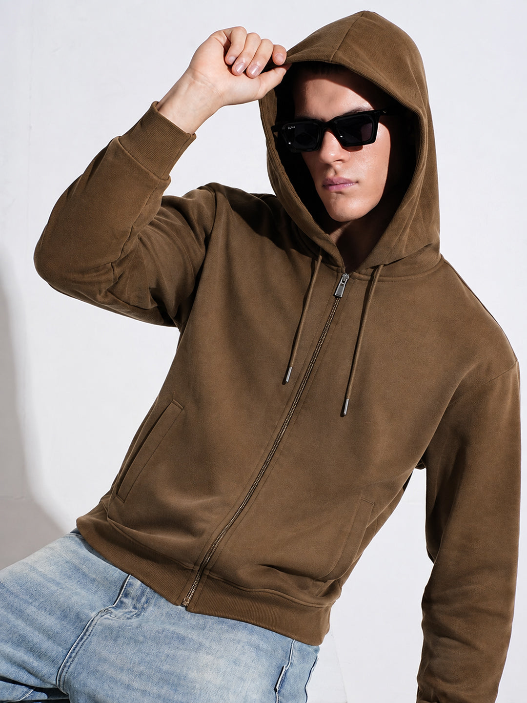 Men’s Brown 360 GSM Hooded Zip-Up Sweatshirt with Drawstring and Pockets