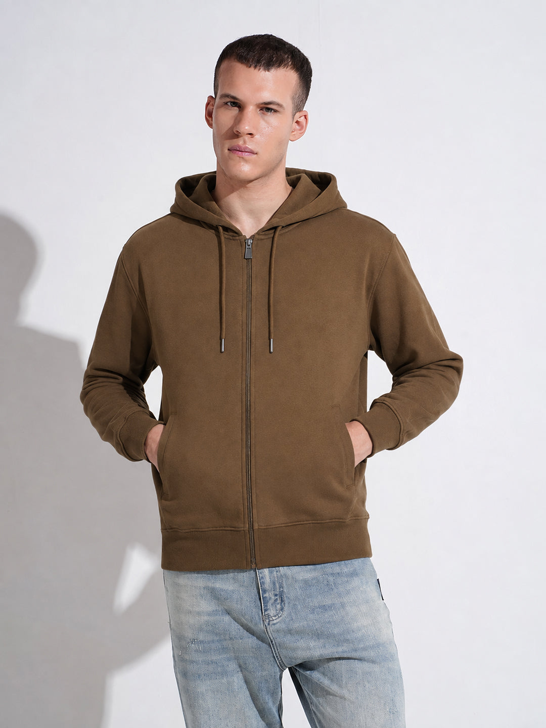 Men’s Brown 360 GSM Hooded Zip-Up Sweatshirt with Drawstring and Pockets