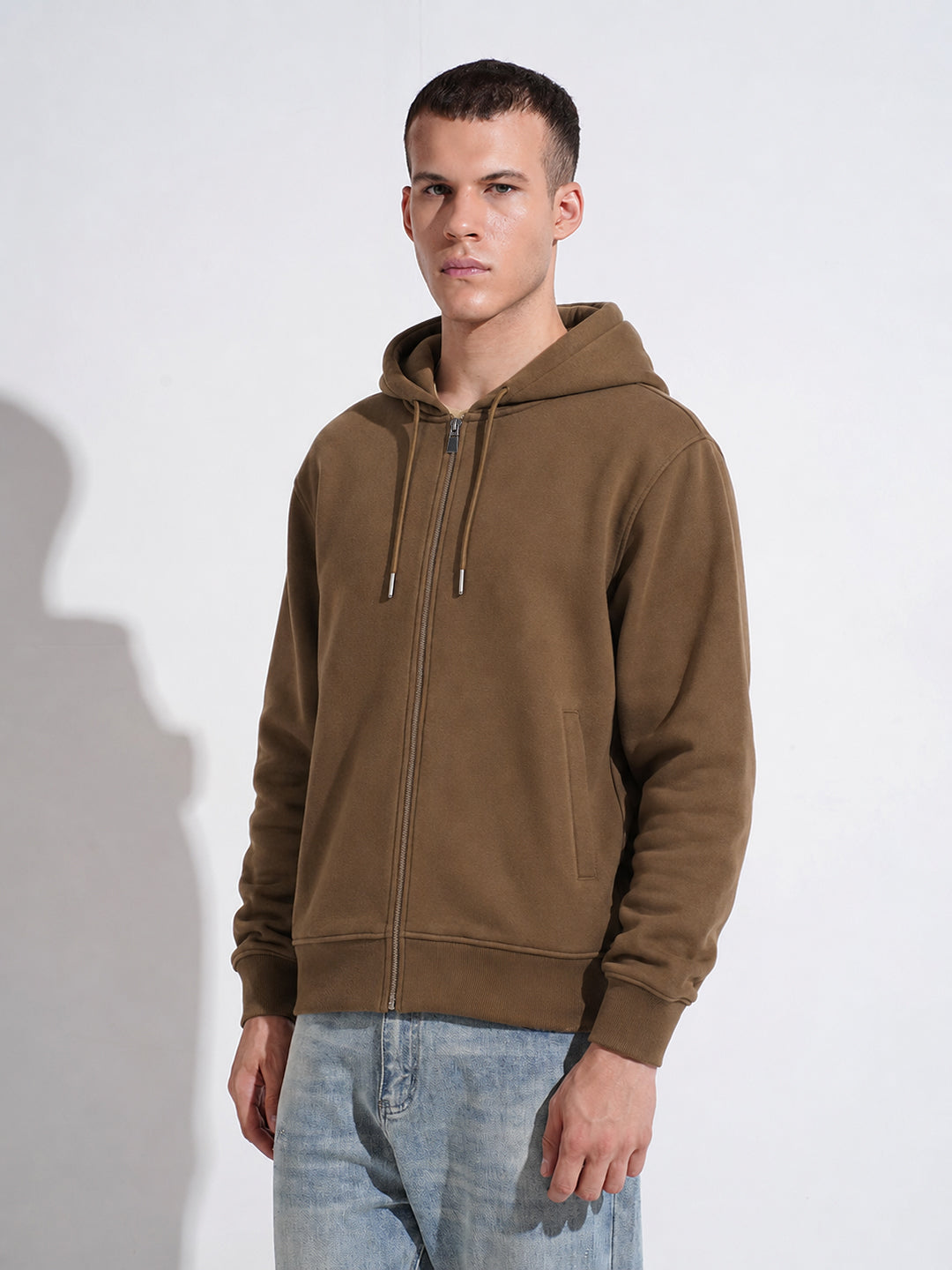 Men’s Brown 360 GSM Hooded Zip-Up Sweatshirt with Drawstring and Pockets