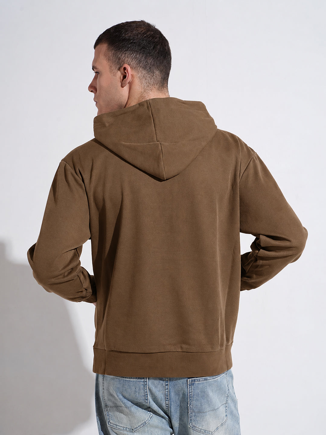 Men’s Brown 360 GSM Hooded Zip-Up Sweatshirt with Drawstring and Pockets