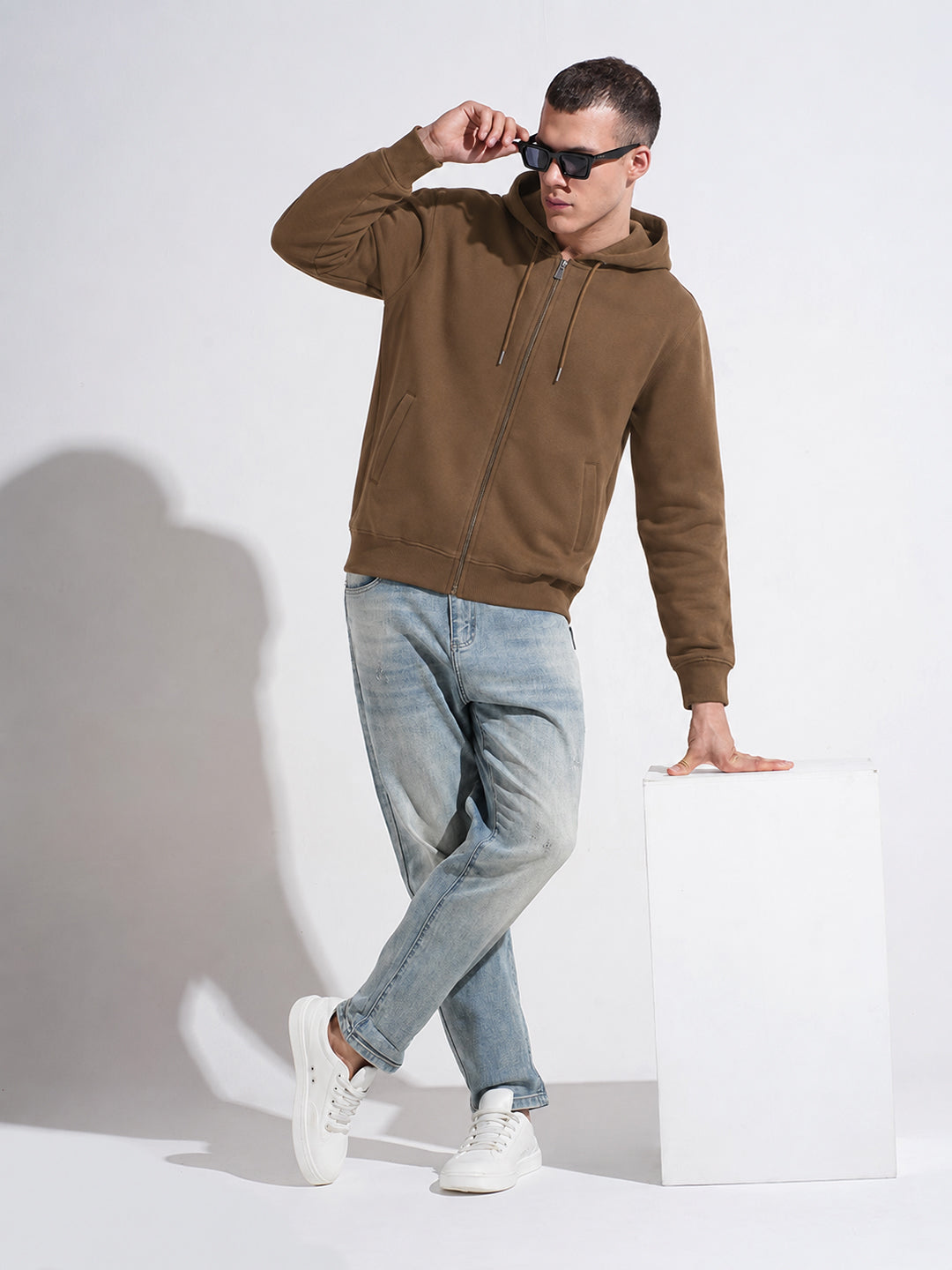 Men’s Brown 360 GSM Hooded Zip-Up Sweatshirt with Drawstring and Pockets