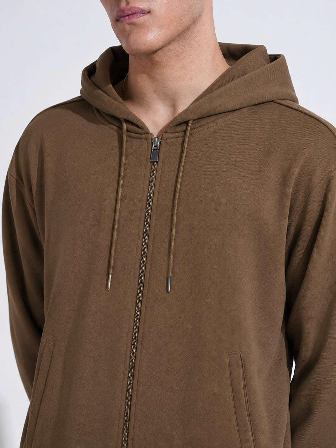 Men’s Brown 360 GSM Hooded Zip-Up Sweatshirt with Drawstring and Pockets