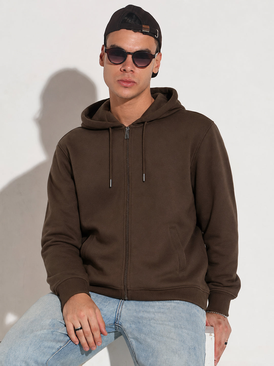 Men’s Coffee Brown 360 GSM Hooded Zip-Up Sweatshirt with Drawstring and Pockets