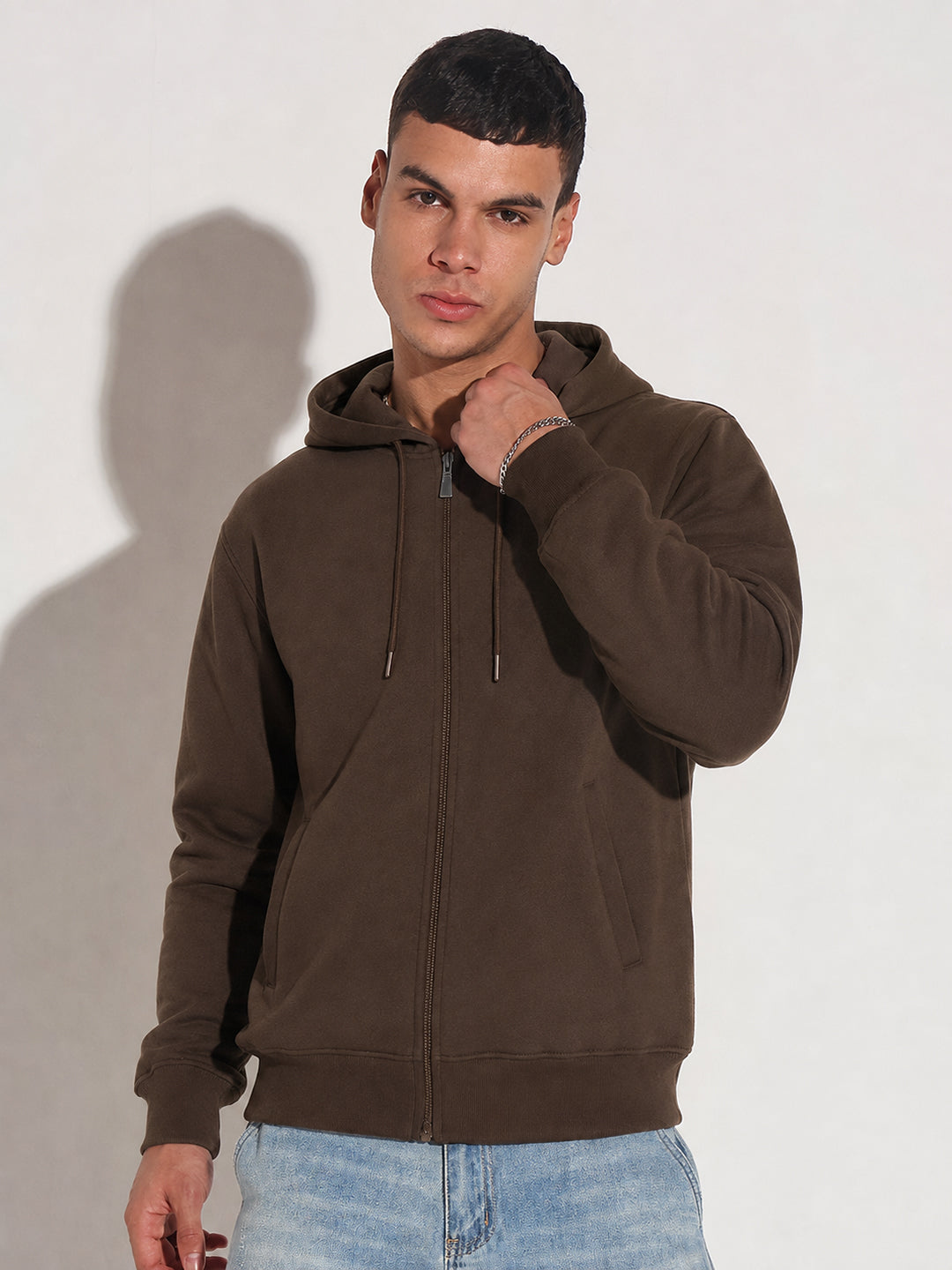Men’s Coffee Brown 360 GSM Hooded Zip-Up Sweatshirt with Drawstring and Pockets