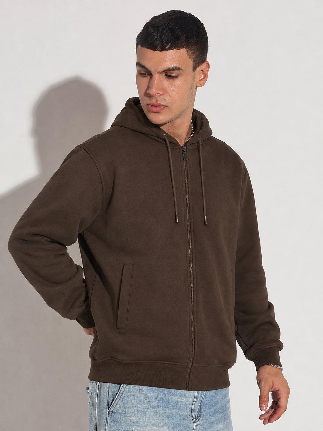 Men’s Coffee Brown 360 GSM Hooded Zip-Up Sweatshirt with Drawstring and Pockets